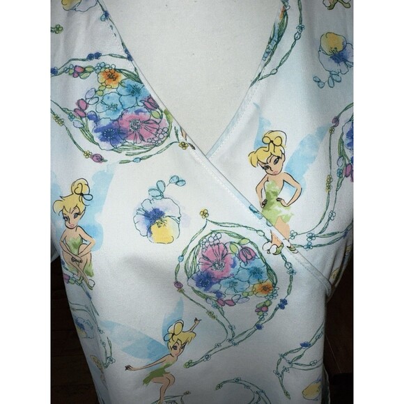 Disney Tinker Bell Scrub Top Women’s L Large White V-Neck Nurse Uniform Pockets - Picture 2 of 11